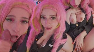 Mitsuri kanroji cosplayben csipázza a fasznak a lyukait és gigászi arconlövellést kap